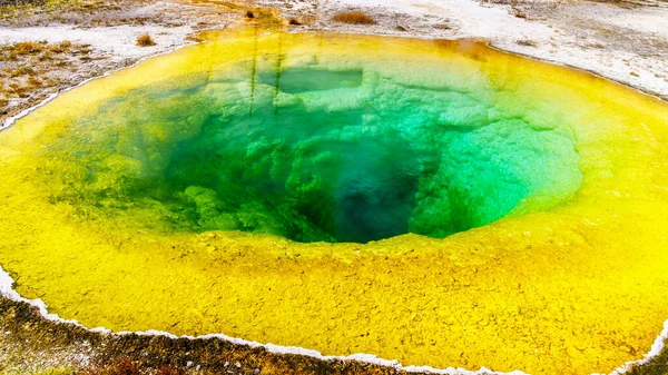 Yellow sulfur mineral deposits around the green and turquoise waters of the Morning Glory Pool in the Upper Geyser Basin along the Continental Divide Trail in Yellowstone National Park, Wyoming, United States