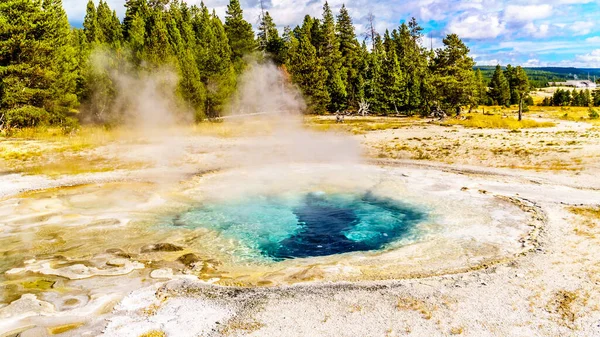 Para Płynąca Turkusowego Gejzera Spasmodic Geyser Dorzeczu Górnego Gejzera Wzdłuż — Zdjęcie stockowe