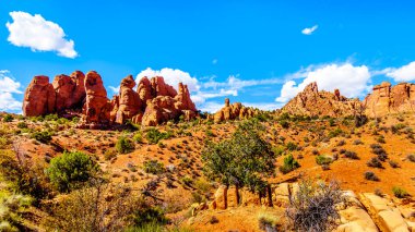 Birleşik Devletler 'in Utah kentindeki Moab kasabası yakınlarındaki Arches Ulusal Parkı' ndaki Şeytan Bahçesi 'nde eşsiz kırmızı kumtaşı çıngırakları ve kaya yüzgeçleri.