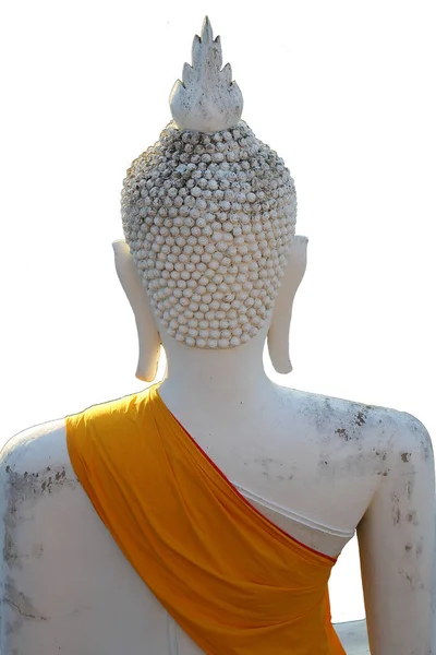 Спинка голови стародавнього кам'яного різьблення сидячого мирного Будди, пофарбованого в білий колір, верхня частина тіла з золотим тканинним покриттям — стокове фото