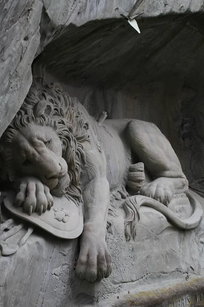 Fastställande av Lejonet statyn Monument på Luzern, Schweiz, attraktiva skulptur landmark — Stockfoto