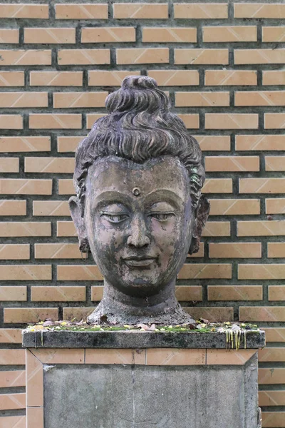 400 años de antigua estatua de piedra buda cabeza en el bosque, arte escultura artesanal, cabeza, cara, lóbulo, oreja, pelo, nariz — Foto de Stock