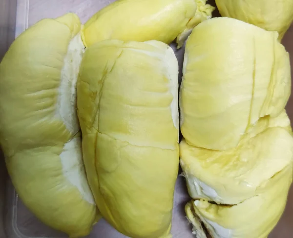 Grupo Violado Amarillento Fresco Durian Saco Rey Fruta Tailandia Recuerdo — Foto de Stock