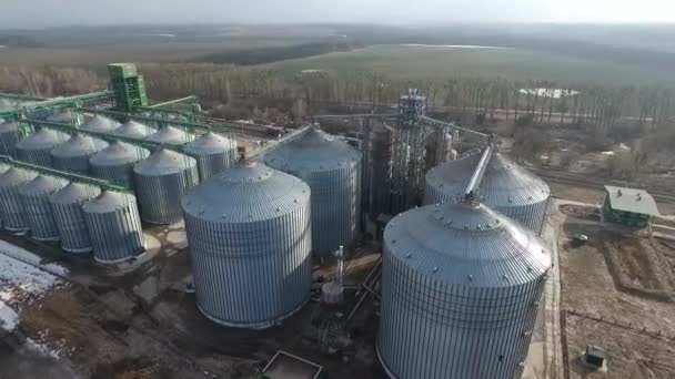 Aerial. Agriculture grain silos storage tank — Stock Video