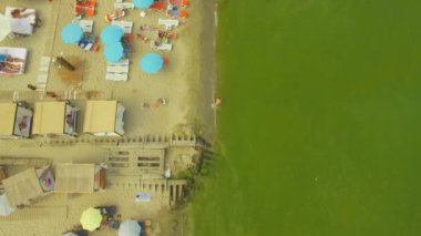 Havadan görünümü. Popüler şehir beach. Deniz kenarı, 4k, birçok güneş şemsiyeleri