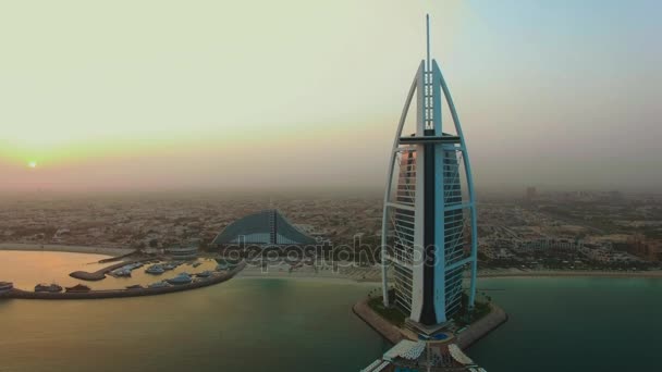 DUBAI, United Arab Emirates, August 17, 2017. Aerial. Burj Al Arab, the most famous hotel in the world. Sunrise. 4K — Stock Video