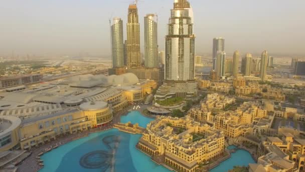 Aerial Town Dubai City Flying Burj Khalifa Fountain — Stock Video