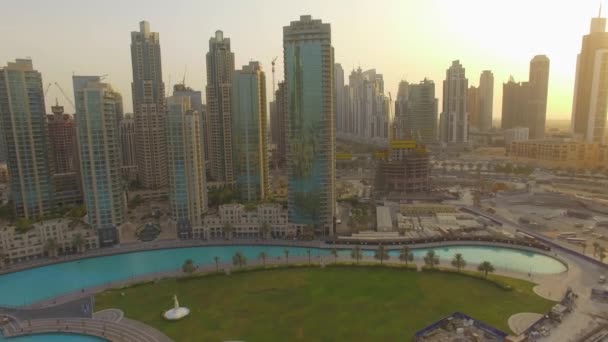 Aérien Centre Ville Dubaï Voler Près Fontaine Burj Khalifa — Video