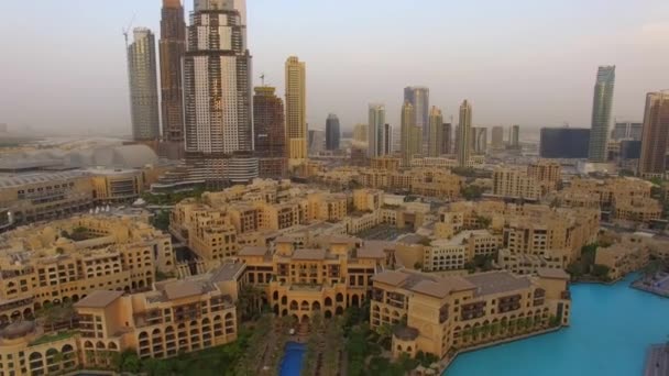 Aerial Town Dubai City Flying Burj Khalifa Fountain — Stock Video