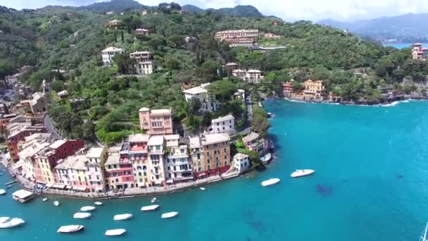 Aérea Vista Del Puerto Portofino Famosa Ciudad Italiana Hermosa Famosa — Vídeos de Stock