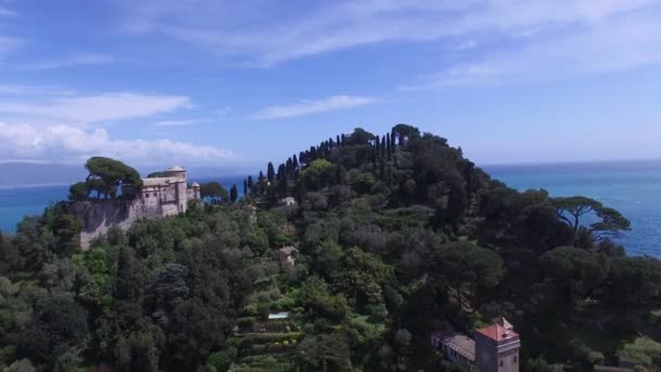 Aerial view. Brown castle in Portofino. Italy. 4K