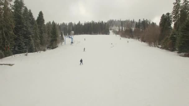 Antenowe Samotny Narciarz Narty Dół Toru Narciarskiego — Wideo stockowe