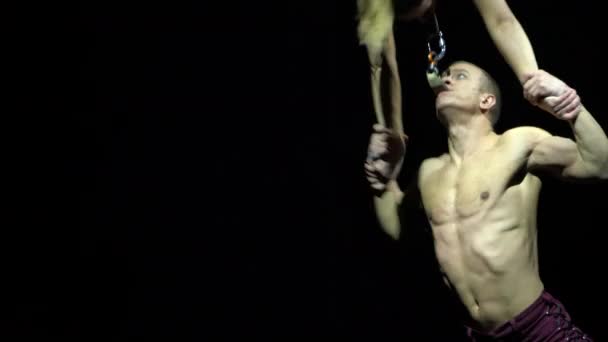 Pair Circus Dancing Acrobats Performing Air — Stock Video