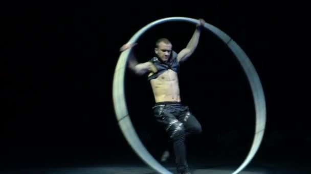 Skilled Artist Performing Big Wheel Circus Stage — Stock Video
