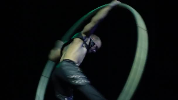 Skilled Artist Performing Big Wheel Circus Stage — Stock Video