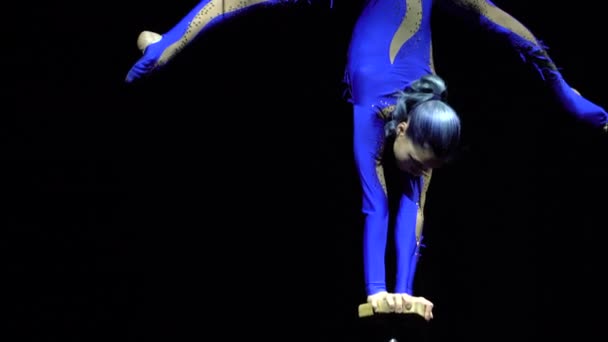 Flexible Beautiful Slim Gymnast Artist Performing Stage — Stock Video