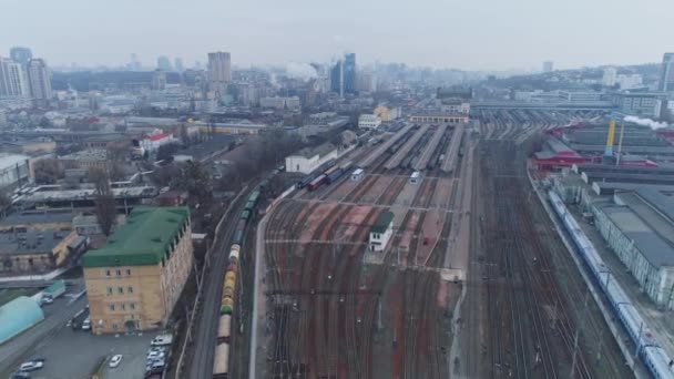 货运列车乘着许多火车穿过铁路枢纽 — 图库视频影像