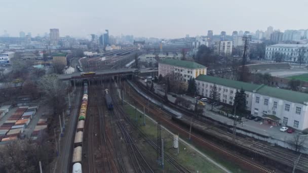 货运列车乘着许多火车穿过铁路枢纽 — 图库视频影像