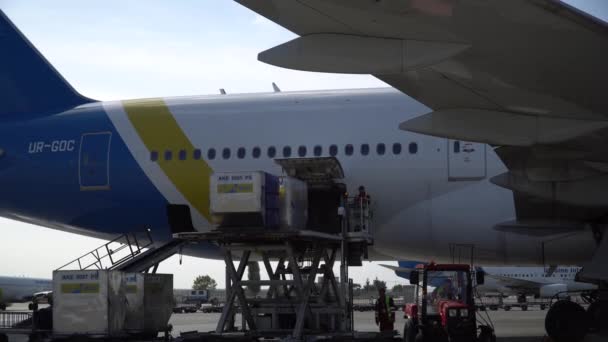 Personel Lotniska Ładuje Bagaż Samolotu — Wideo stockowe