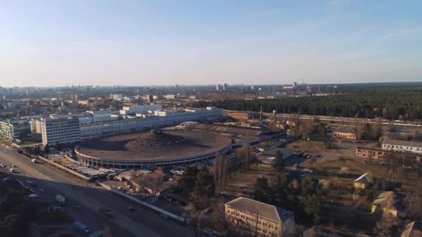 Aerial Footage Old Building Ussr Modernism Architecture Style Abandoned Bus — Stock Video