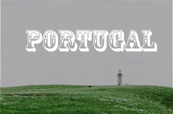 Green field and lighthouse with grey sky with portugal sign — Stock Photo, Image