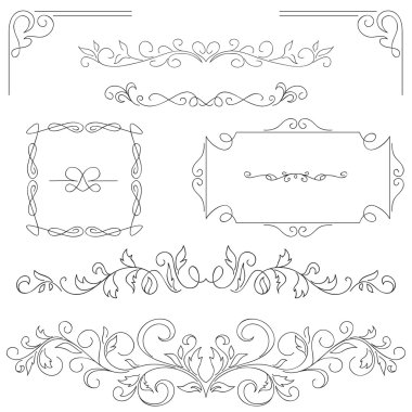 Elle çizilmiş vinyetler, flourishes, köşeler, metin bölücüler, çerçeveler seti.