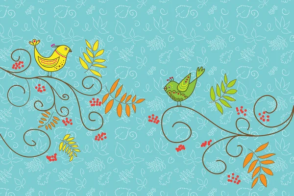 Doodle tarjeta de otoño con aves, hojas de rowan y bayas . — Vector de stock