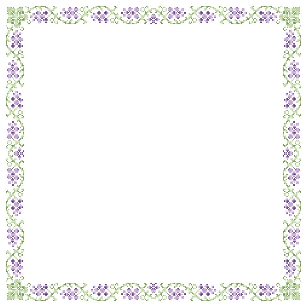 Decorative frame, grape pattern, cross-stitched embroidery imitation. — Stock Vector