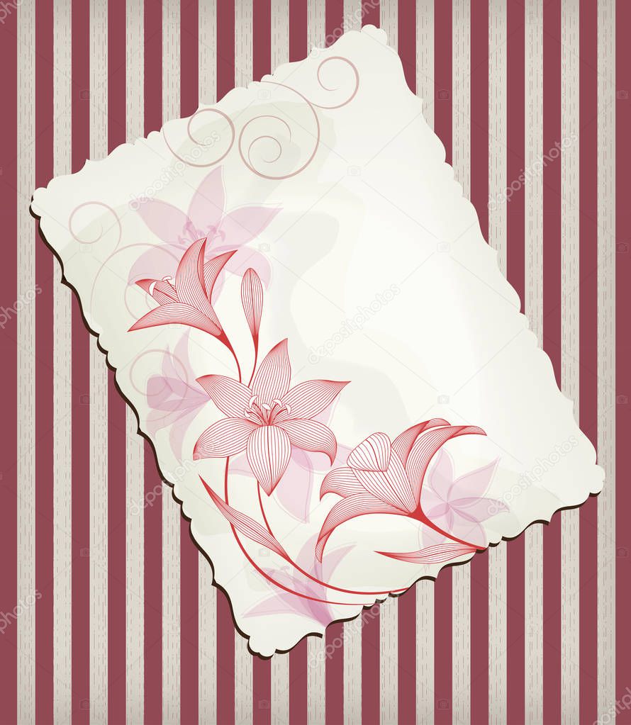 Postal card with wavy edges, retro pattern, abstract lily flowers, mixed style.