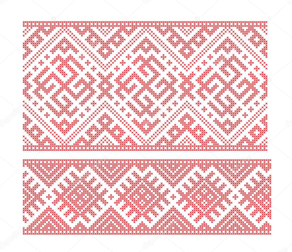 Seamless Russian folk patterns, cross-stitched embroidery imitation. Patterns consist of ancient Slavic amulets. 