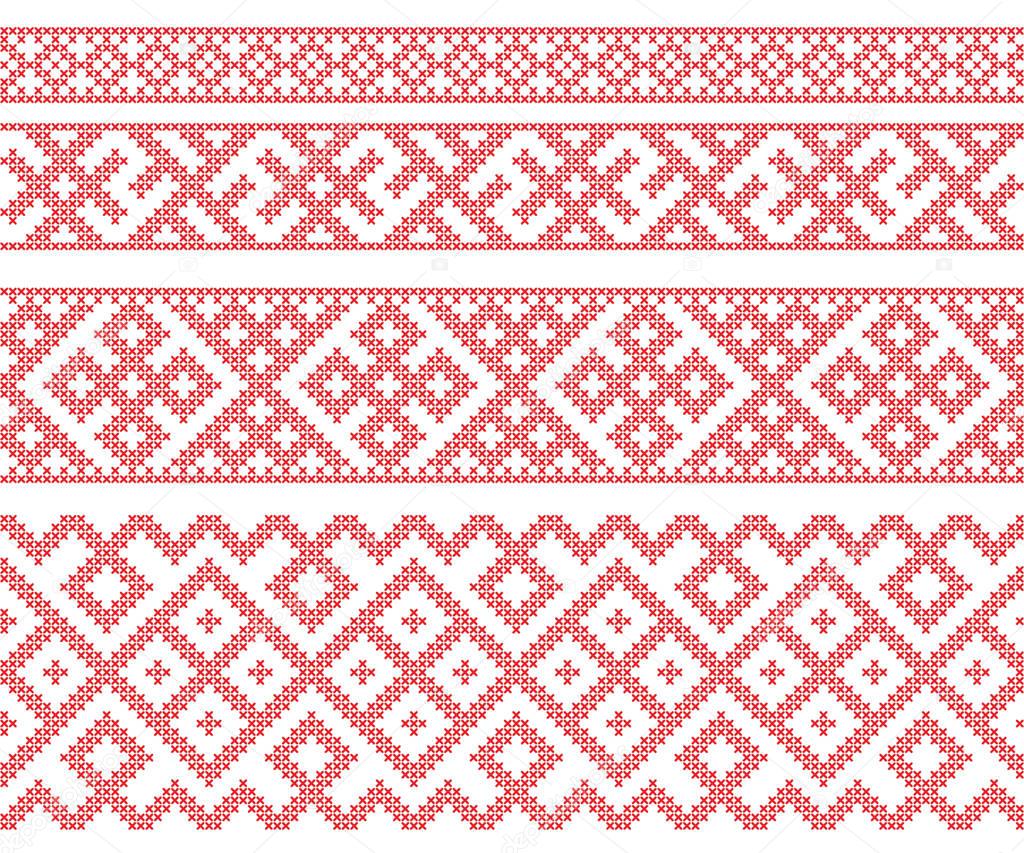 Seamless Russian folk patterns, cross-stitched embroidery imitation. Patterns consist of ancient Slavic amulets. 