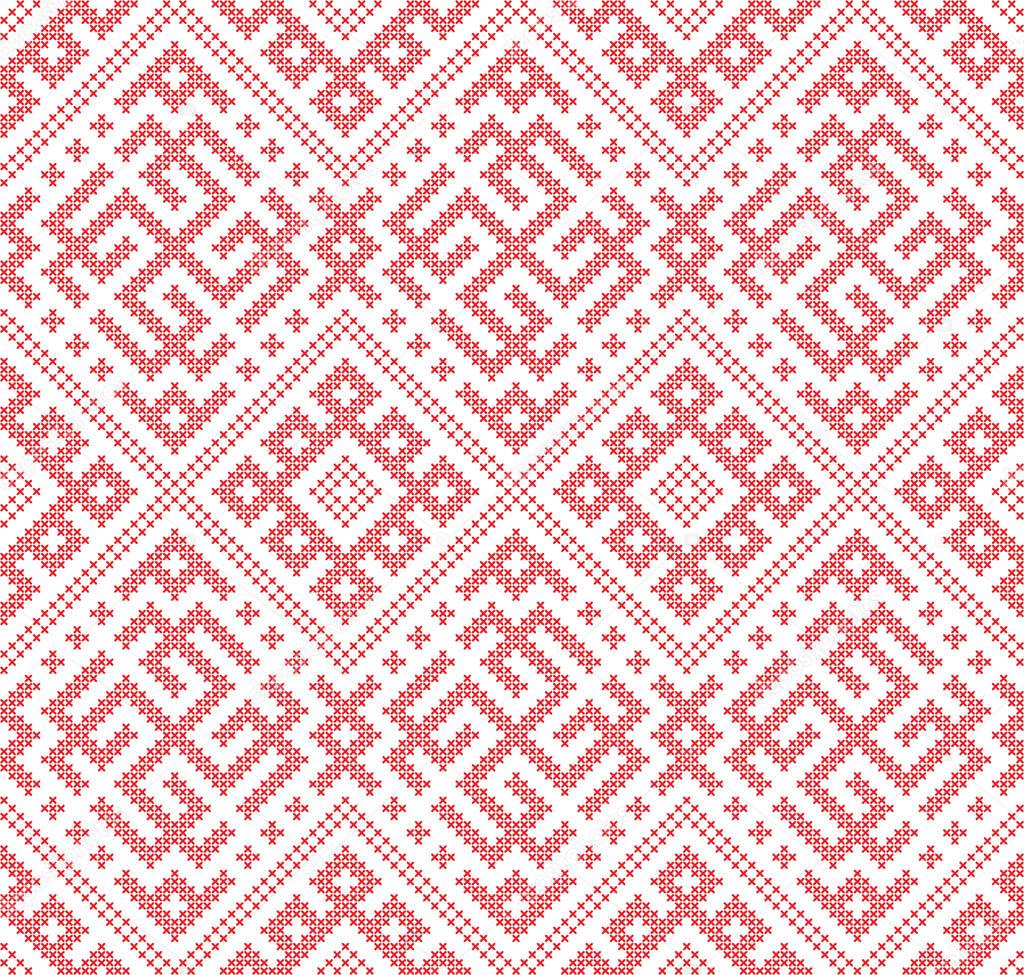 Seamless Russian folk pattern, cross-stitched embroidery imitation. Patterns consist of ancient Slavic amulets. Swatch included in vector file.