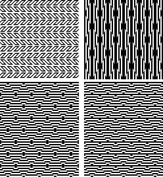 Satz schwarzer geometrischer nahtloser Muster mit optischer Täuschung. Muster sind in Vektordatei enthalten. — Stockvektor