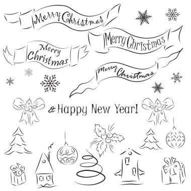 Noel ve yeni yıl dekoratif öğeler. Afiş yazı Merry Christmas, holly berry dalları ve yay, toplar, Noel ağaçları, mevcut kutuları, kar taneleri ile. Çizimler, doodle, siyah renk.