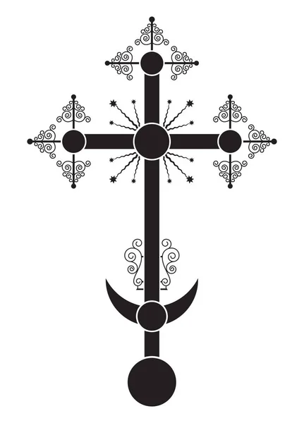 Orthodox crucifix, one of the variations, usually is installed on the church dome. Silhouette, stencil. Only black color. — Stock Vector