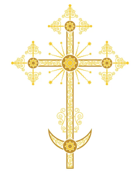 Orthodox crucifix, one of the variations, usually is installed on the church dome. Shades of yellow. — Stock Vector