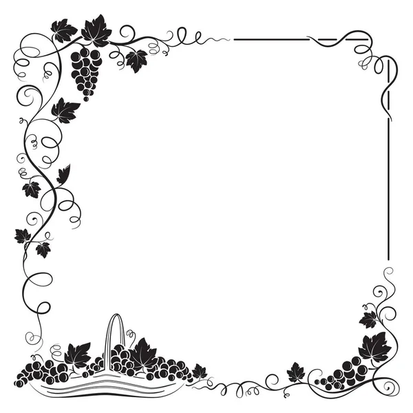 Marco negro decorativo formado por racimo de uvas, vides, hojas, viñetas y canasta con uvas . — Vector de stock