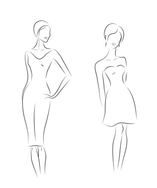 Moda kadın modelleri, kroki. Siyah anahatlar, siluetleri.