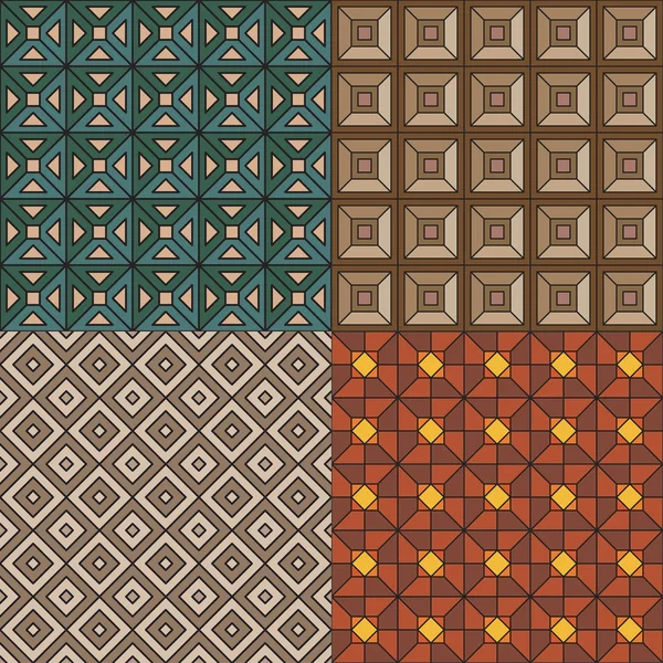 Conjunto de padrões geométricos sem costura. Tons verdes e castanhos. Azulejos, parquet . —  Vetores de Stock