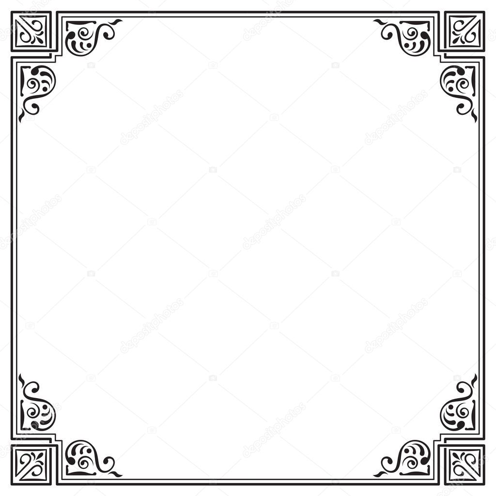 Ornate black square frame, page decoration, corners. 