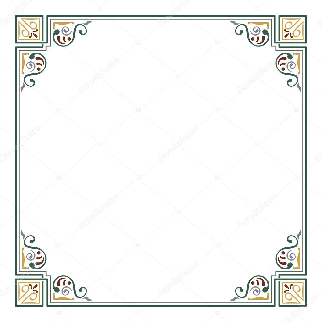 Ornate square color frame. Corners, page decoration. 