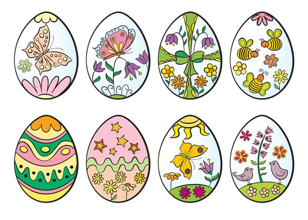 Conjunto de huevos de Pascua decorativos con dibujos dibujados a mano . — Vector de stock