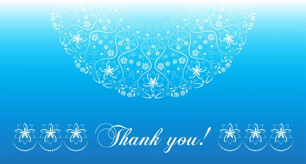 Thank you card. Mandala, ornate semicircular white pattern on blue background. — Stock Vector