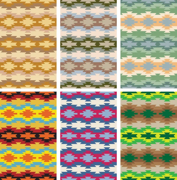 Reihe nahtloser geometrischer Texturen im Stammesstil amerikanischer Indianer. Muster sind in Vektordatei enthalten. — Stockvektor