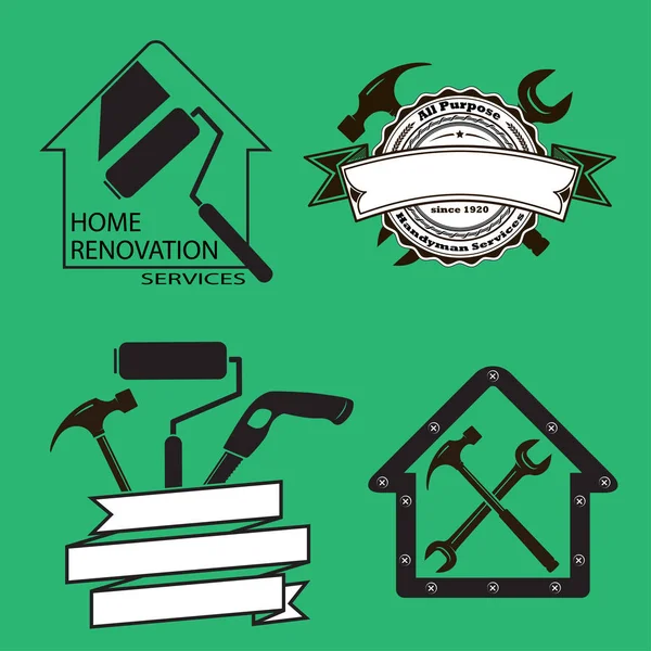 Iconos en blanco y negro con herramientas manuales. Servicios de remodelación, renovación y redecoración de viviendas. Icono del taller . — Vector de stock