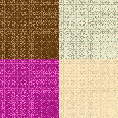 Dört kesintisiz renkli geometrik dokular kümesi. Arapça tarzı. Renk örnekleri vektör dosyasına dahil edilir. 