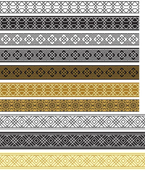 Conjunto de bordes geométricos sin costuras, colores negro, blanco y dorado. Los pinceles de patrón están incluidos en el archivo vectorial . — Vector de stock