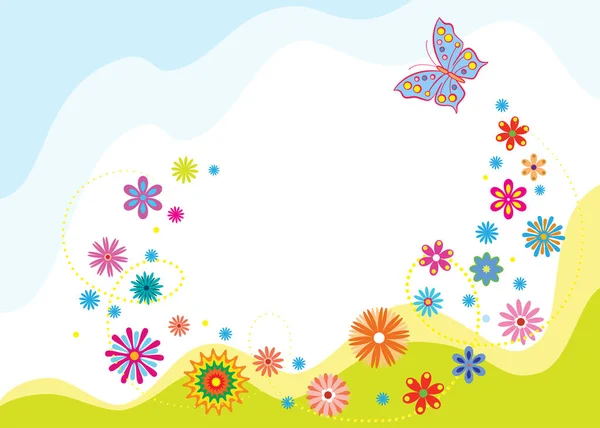 Springtime, summer banner with fancy flowers and butterfly. — Stock Vector