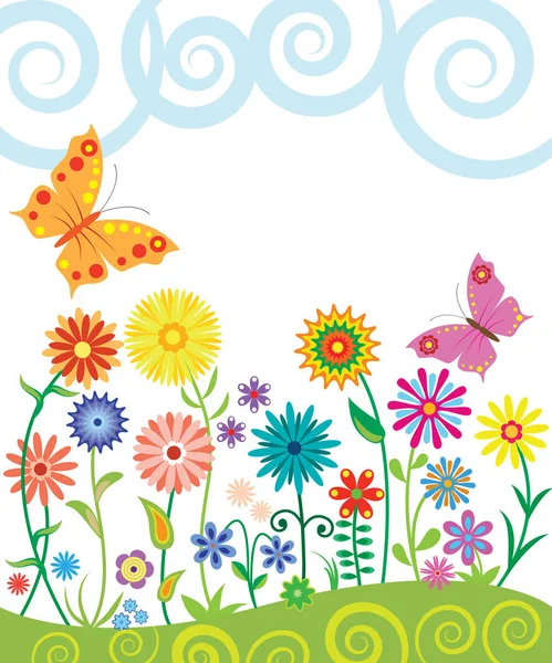 Lente, zomer banner met mooie bloemen en vlinder. — Stockvector