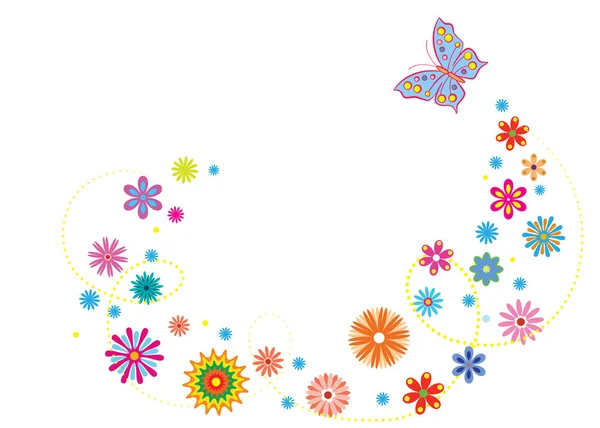 Springtime, summer banner with fancy flowers and butterfly. No background. — Stock Vector